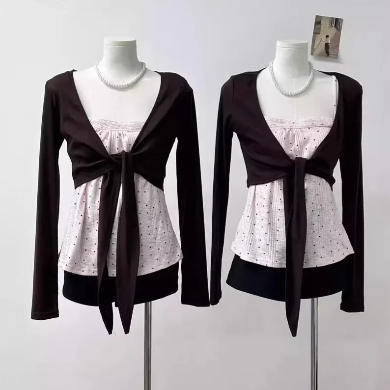 Spring and Summer Women's Korean-style Pure Desire Gentle Fashion Long Sleeve Cardigan Polka Dot Strapless Two-piece Set