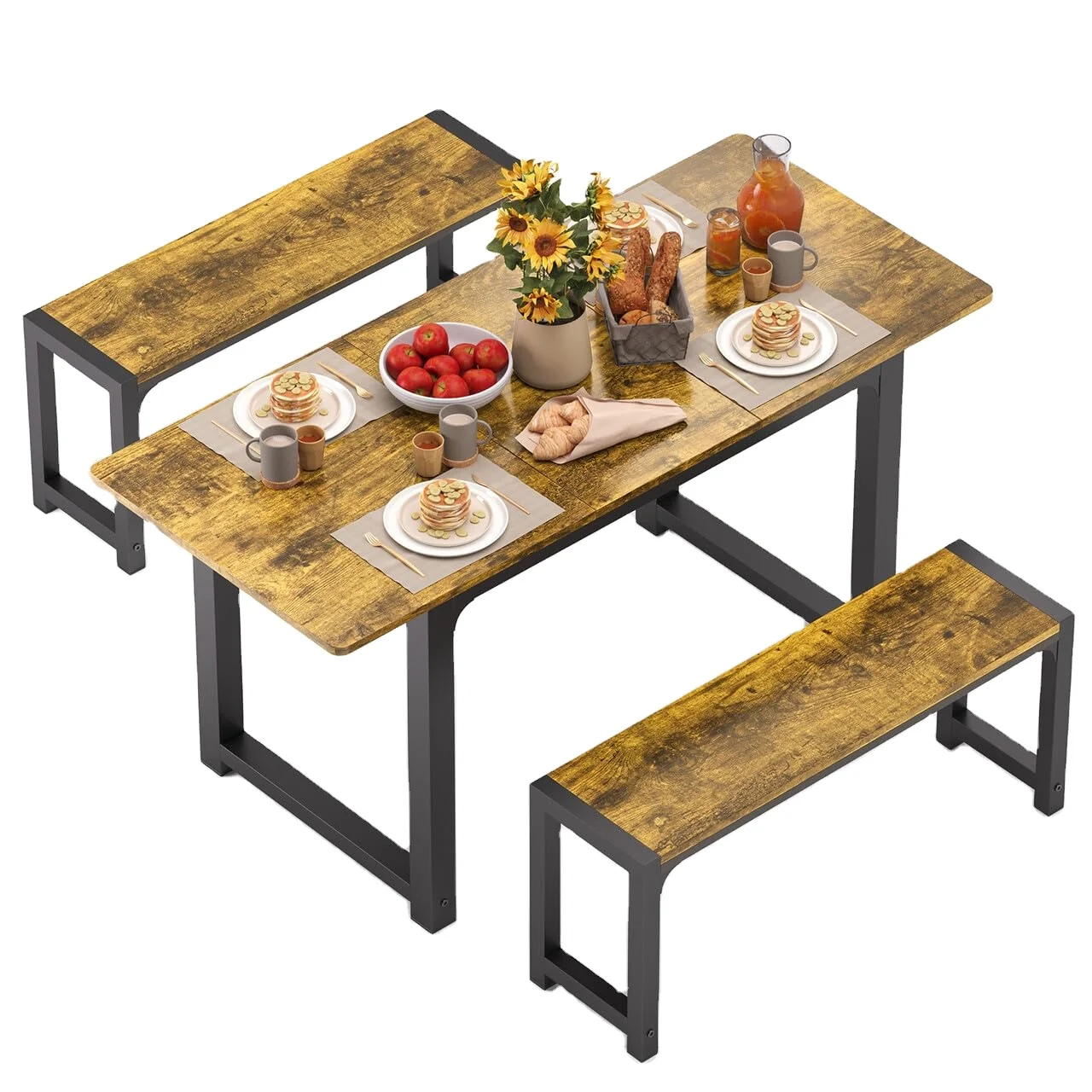 63-Inch Extendable Iron Dining Table Set with 2 Benches 5-Piece Modern Home Furniture for Small Spaces and Kitchen Use