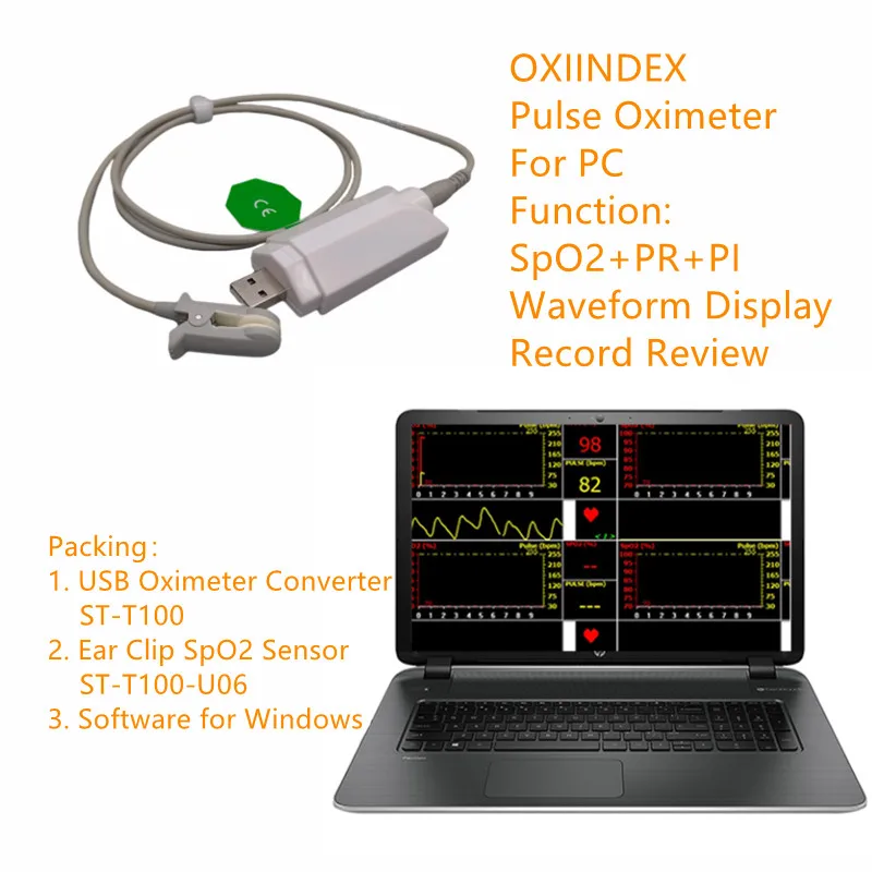 Portable PC Based USB Pulse Oximeter Oximetry SpO2 Sensor For Adult Child Neonate Animal Veterinary Clip with Computer Software