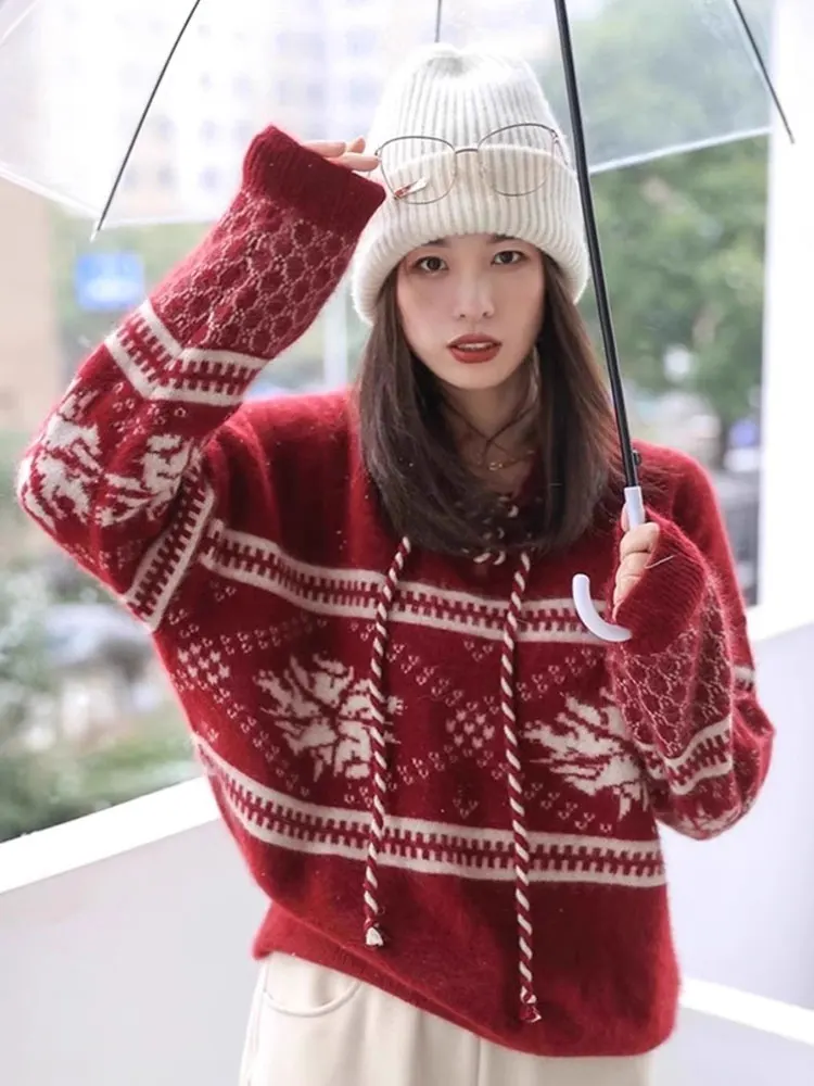 

Модный красный новогодний вязаный свитер с капюшоном, дизайн в стиле колор-блок, универсальный женский пуловер-топ