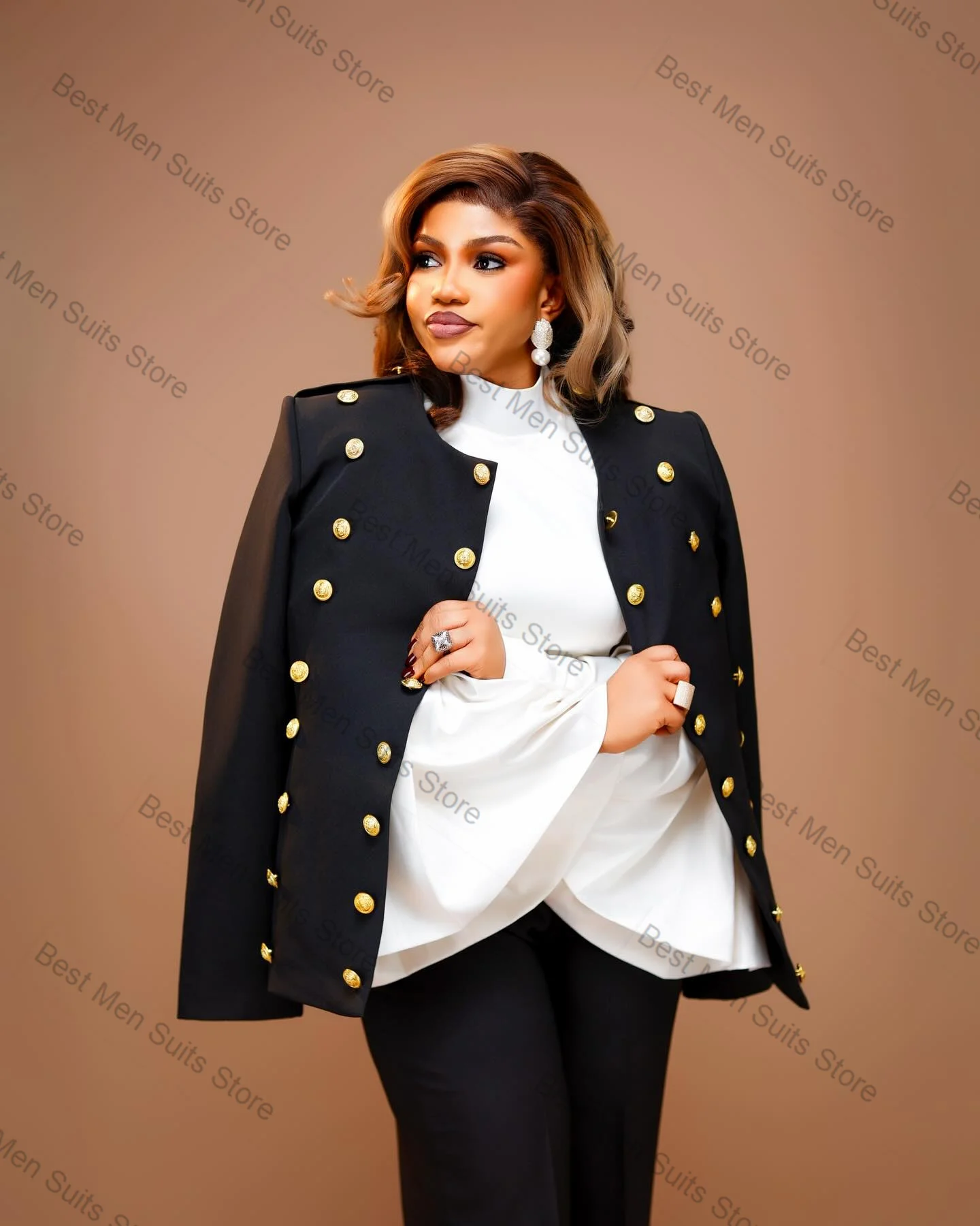 

Black Women Suit Set 2 Pcs Blazer+Pants Trousers Gold Double Buttons Formal Office Lady Jacket Customized Wedding Guest Coat