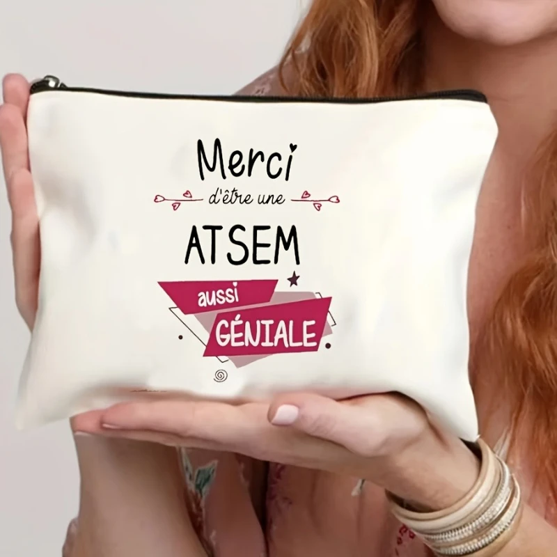 Women White Cosmetic Travel Bag with Zipper Closure - Foldable Lightweight Makeup Organizer Pouch Cute Merci  French Phra Design