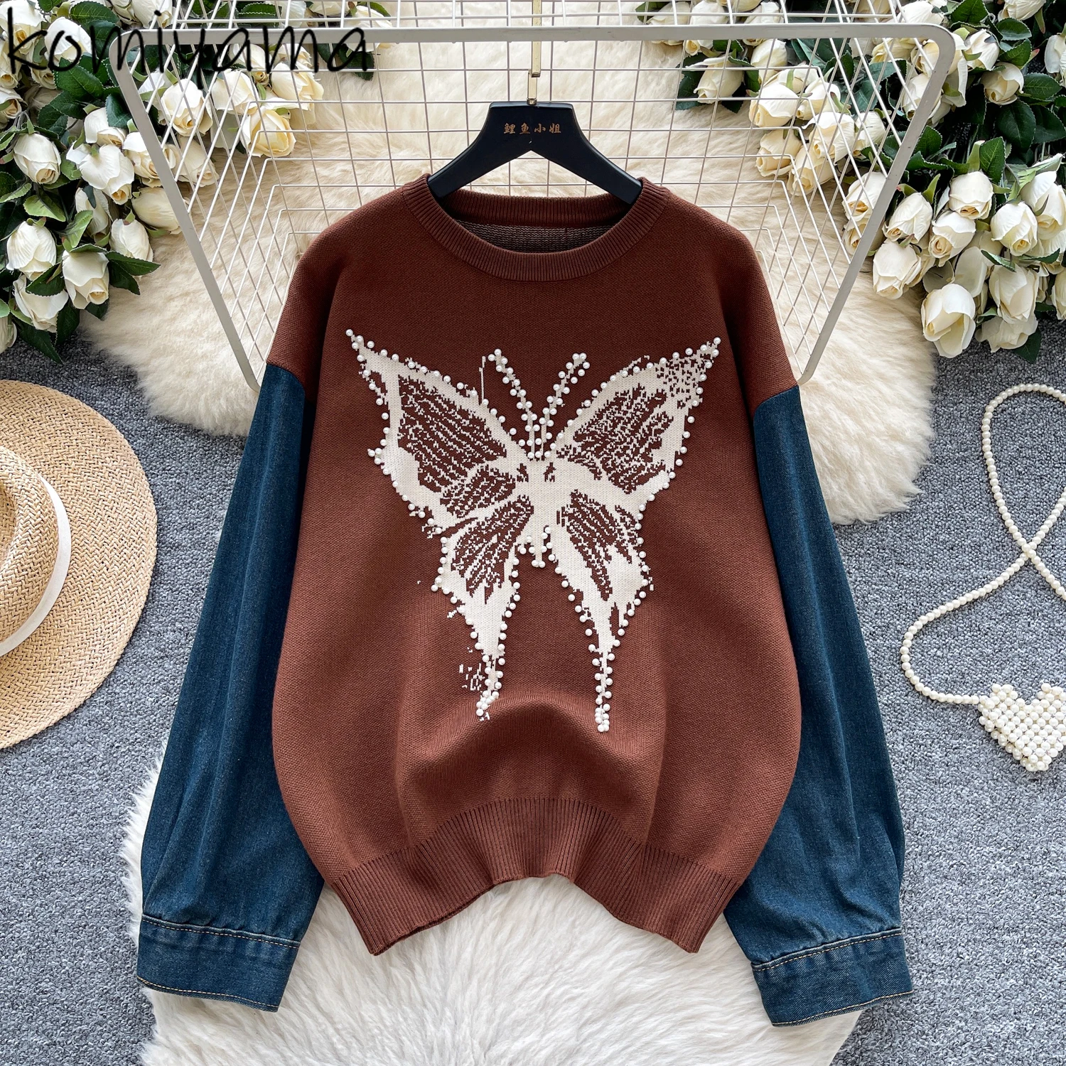 

Chic Bow Beads Ropa De Muje Fake Two Piece Roupas Loose Hit Color Sweater Fashion Lazy Style Woman Clothes O-neck Sueter