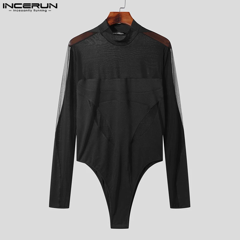 Sexy New Men Rompers Fashion Splicing See-through Mesh Bodysuit Fashion Male Solid Thin Long Sleeve Jumpsuits S-5XL INCERUN 2023