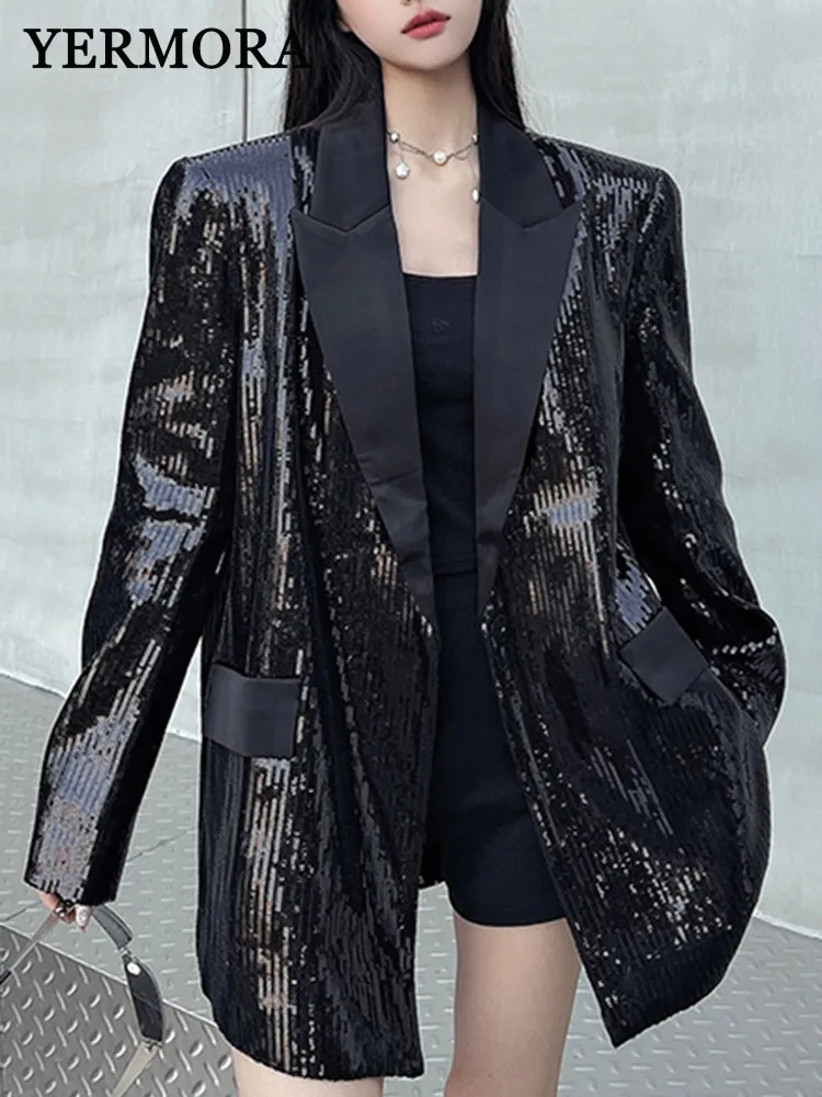 

YERMORA Black Sequins Big Size Elegant Blazer For Women Lapel Long Sleeve Fashion New Jacket Tide Spring Autumn 2025 A785