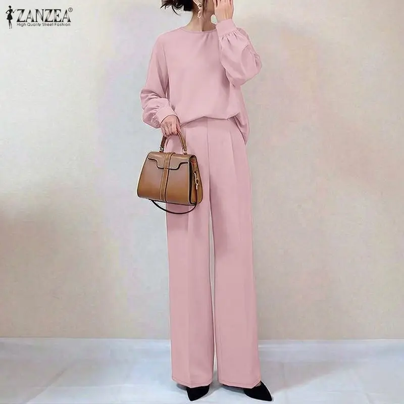 

2026 ZANZEA Spring 2 Pieces Sets Solid OL Work Outfits Tracksuit Fashion Women Pant Sets Casual O Neck Long Sleeve Tops Trousers
