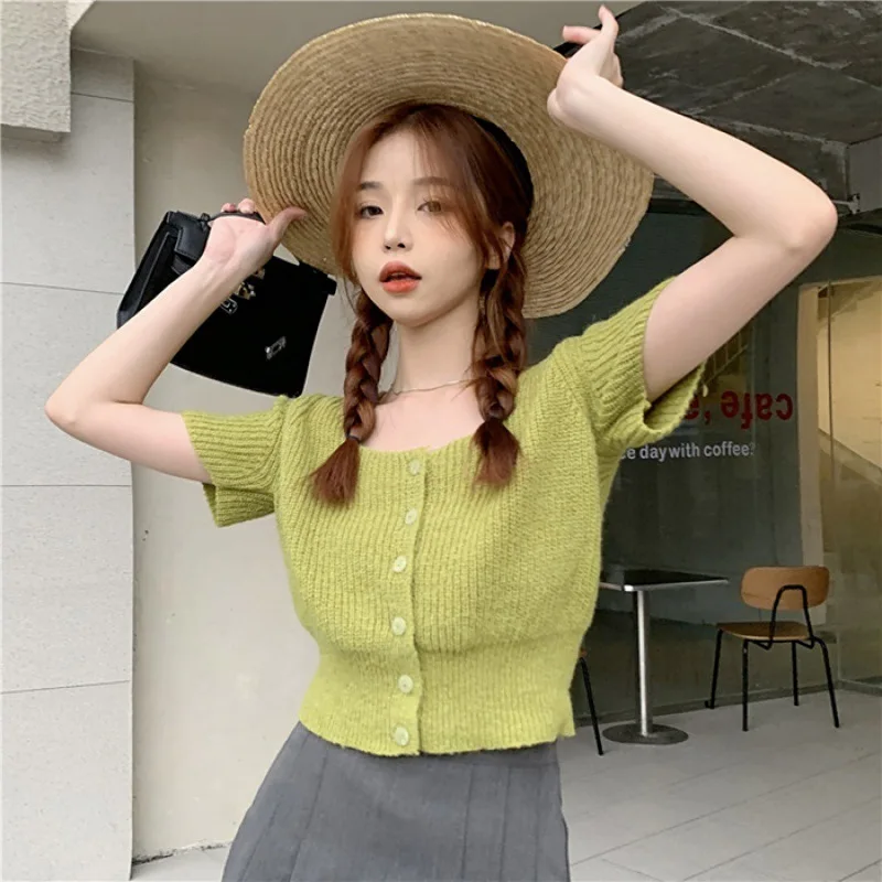 White Square Collar Short sleeve Knit cardigan Women Summer 2024 New Design Short Waist Hugging Chic Top Thin