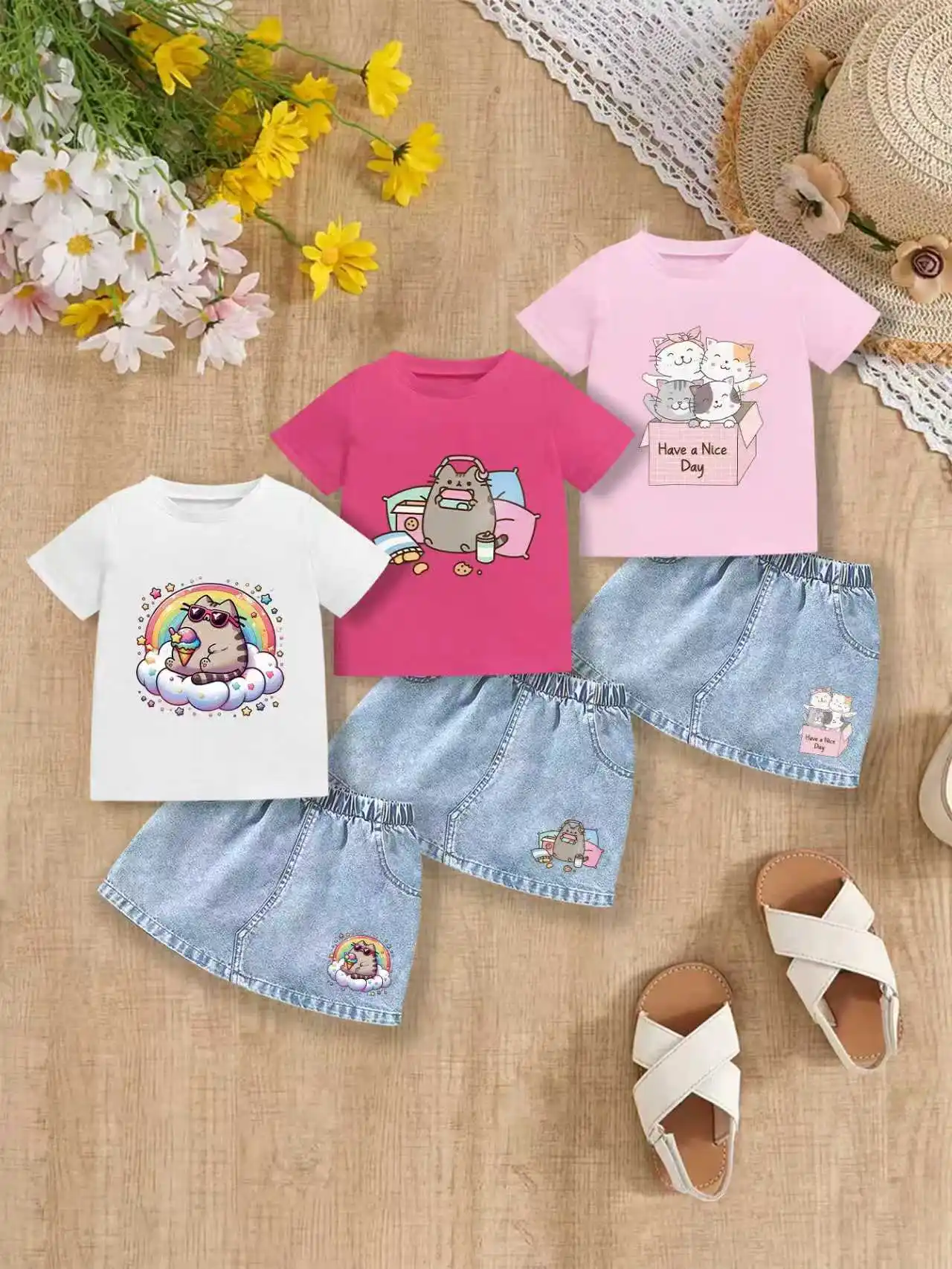 

6 шт.: Летнее джинсовое платье для девочек, костюм с рисунком мороженого, игровая коробка с рисунком кота и вишни, с коротким рукавом