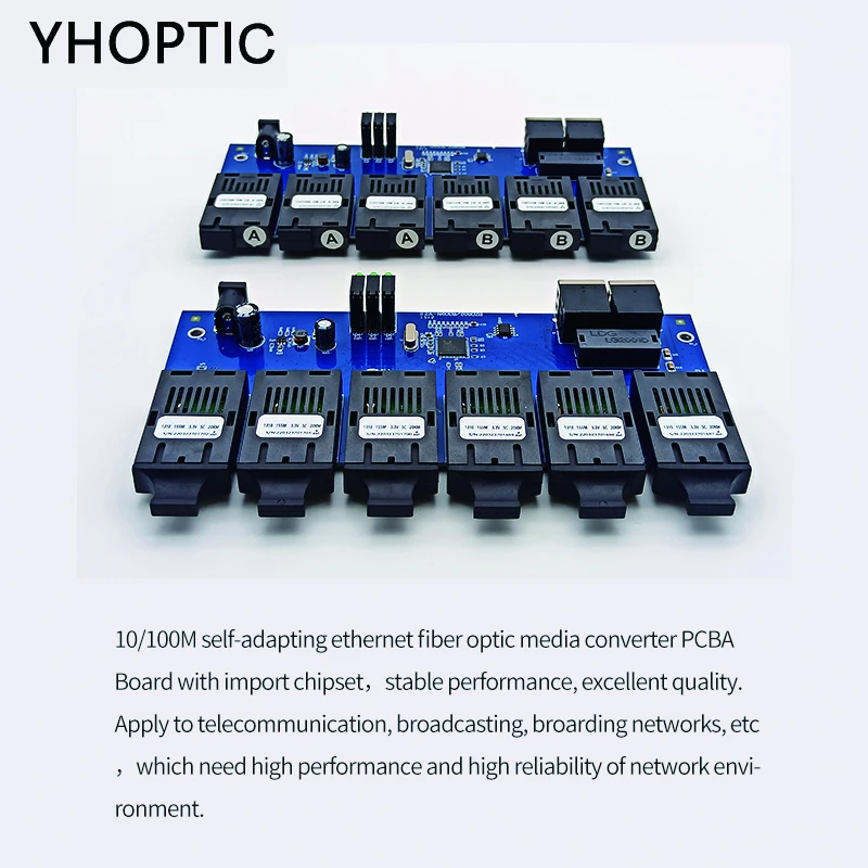 Single Mode Fiber Optic Converters, PCBA Board, 2 RJ45 Port, 6 Fiber Optic Ports, 0-20km, 1310/1550 Mbs