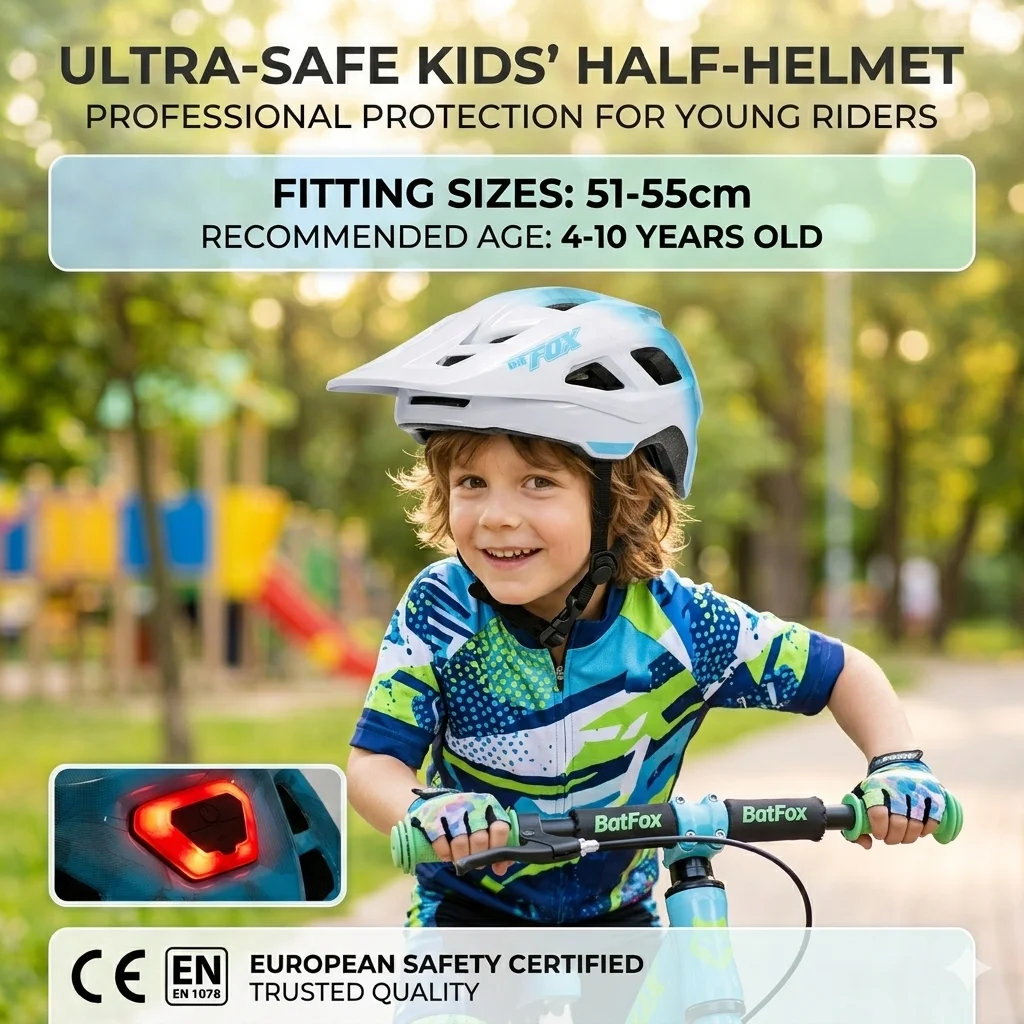 

BATFOX Kids Children's Bicycle Helmet with Rechargeable Taillight 51-55cm for 4-10 Years Kinder Helm MTB Cycling Helmet