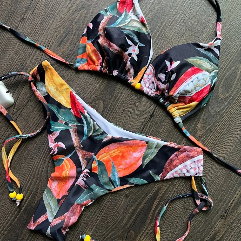 Sexy Digital Print Halter Neck Tie Side Bikini Set Women Two Piece Swimsuit Beachwear Bikini Set Women's Swimsuit Beach Swim Wea
