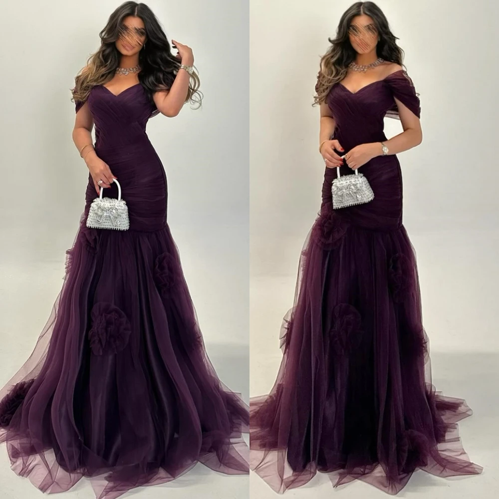 

Customized Graceful V-Neck Tulle Evening Dress Exquisite Sweep Train Prom Dresses Formal Off the Shoulder Special Occasion Gowns