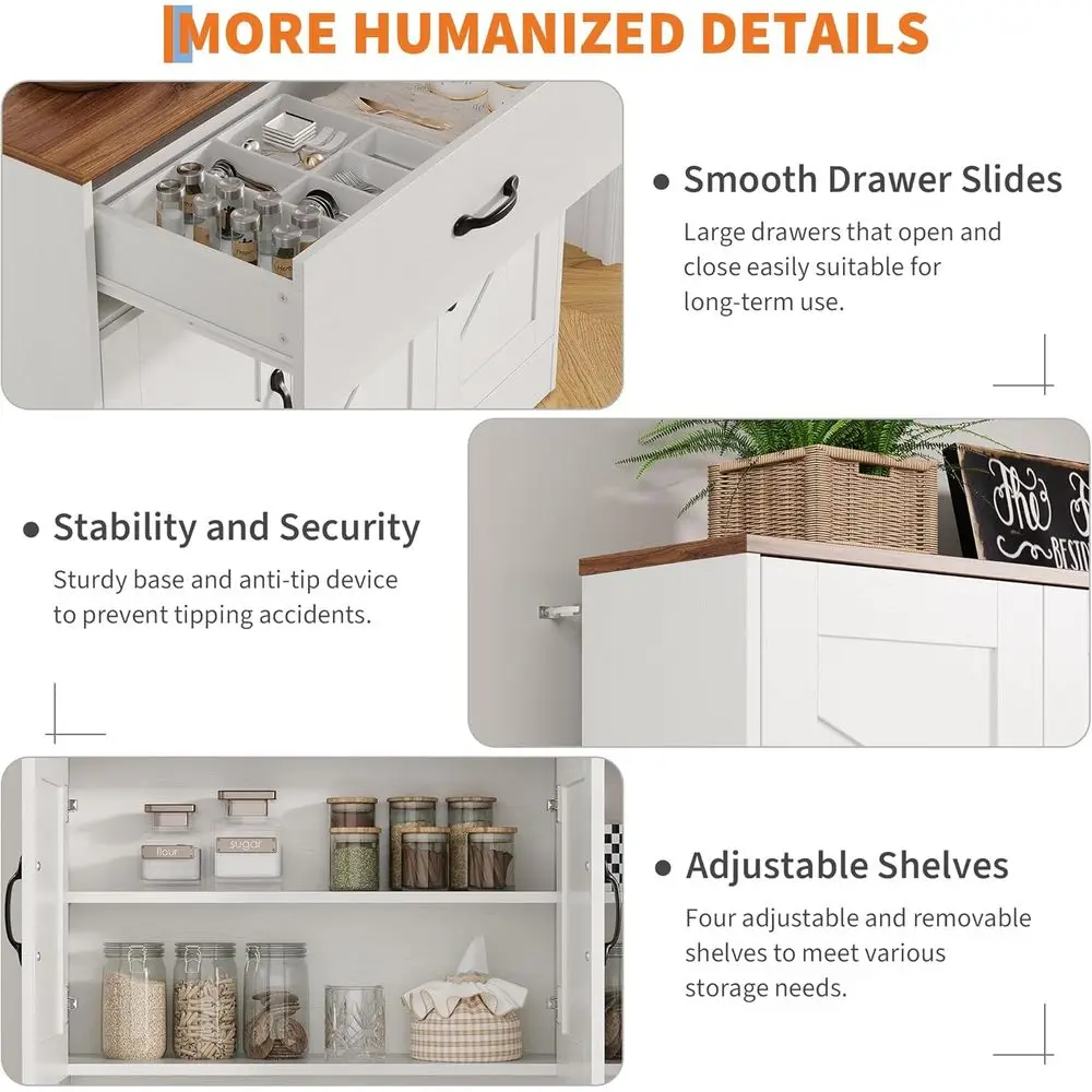 خزانة مطبخ بيضاء على طراز المزرعة مع أدراج وأرفف أبواب وأرفف قابلة للتعديل، بما في ذلك رفًا واحدًا في الميكروويف