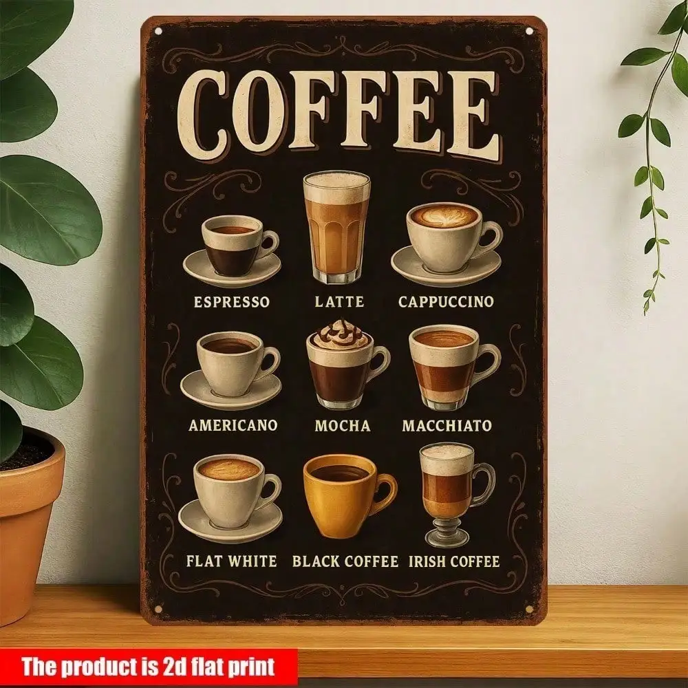 Copper Cow Coffee Metal Tin Sign - Coffee Types Guide Chart Vintage Retro Wall Art For Kitchen Cafe Bar Home