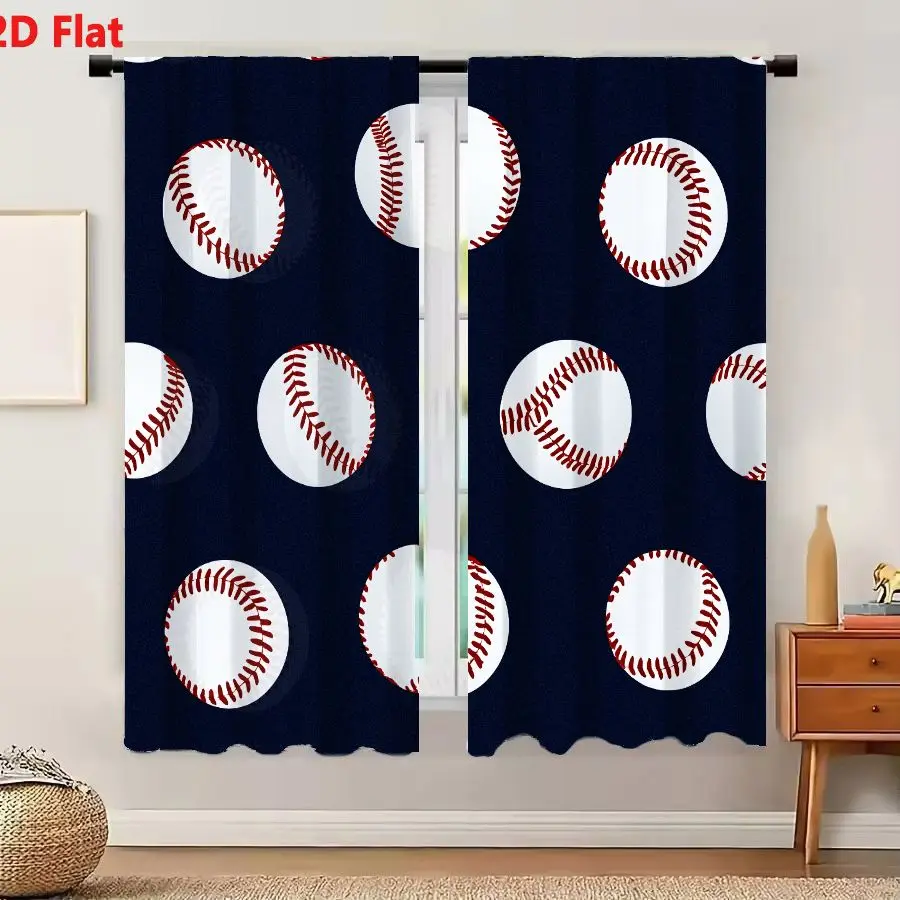 2Pcs Curtains 2D Flat Repeating Baseball Pattern On Dark Navy Blue Background Seamless Uniform Design Window Drapes for Bedroom