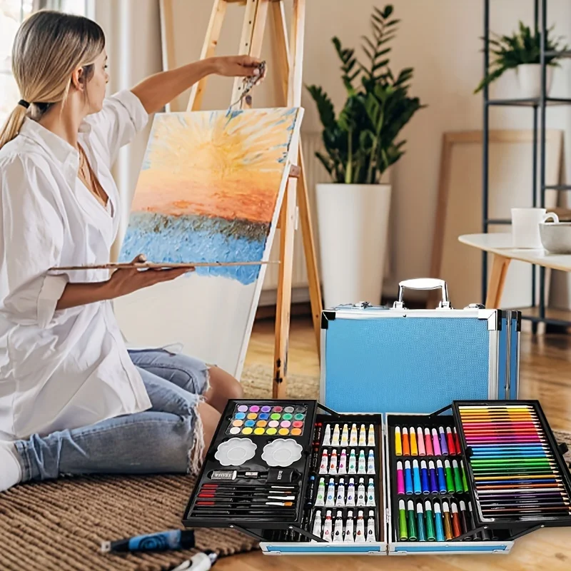 Künstlerbedarf, 145-Pack Mal- und Zeichenkunstset, Deluxe-Doppelschichten-Kunstset zum Basteln, Buntstifte, Ölpastelle, Aquarell