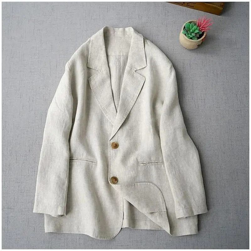 Cotton Linen Blazers for Women Vintage Long Sleeve Casual Korean Style Outerwears Mid Length Tailored Collar Coats Women Tops