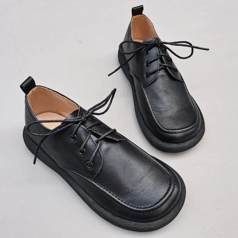 Natural Leather Men's Shoes Soft Platform Casual Work Shoes Man Wear First Layer Cowhide Lace-up Single Shoes Breathable