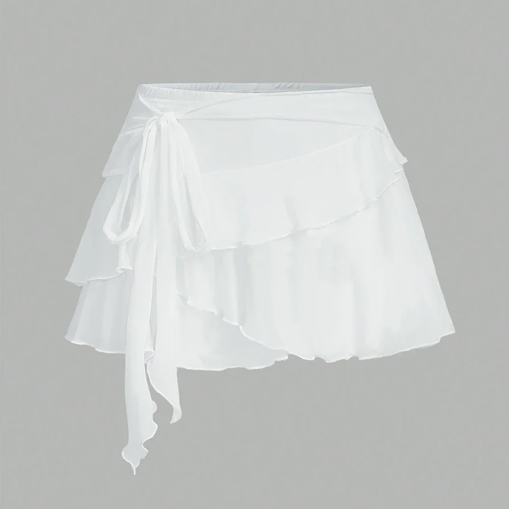 

Women's Chiffon Tiered Ruffle Mini Skirt: Wrap Tie Asymmetrical Hem Dance Casual Outfit Elegant Sheer Skirt
