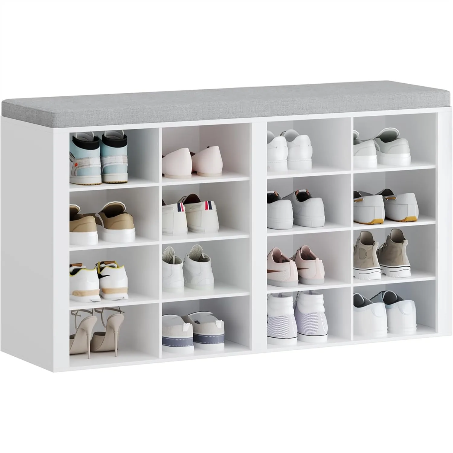

Shoe Bench with Cushion, Entryway Storage Bench with 16 Cubbies, Adjustable Shelves Shoe Rack for Living Room Bedroom, White