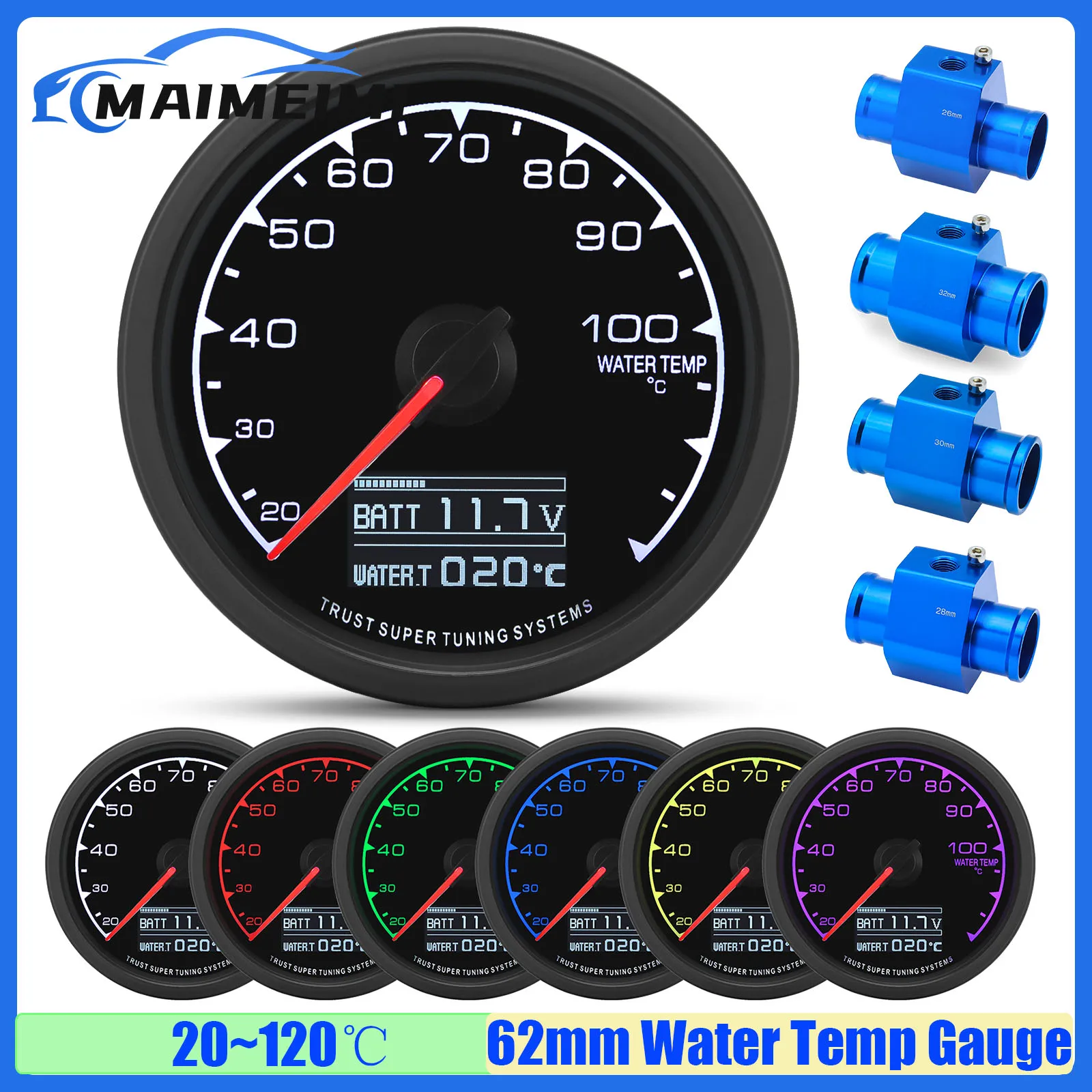 Auto Gasoline Car 12V 7 Colors 20-120℃ Digital 62mm Water Temperature Gauge with Sensor Joint Pipe Sensor Hose Adapter 26-40mm