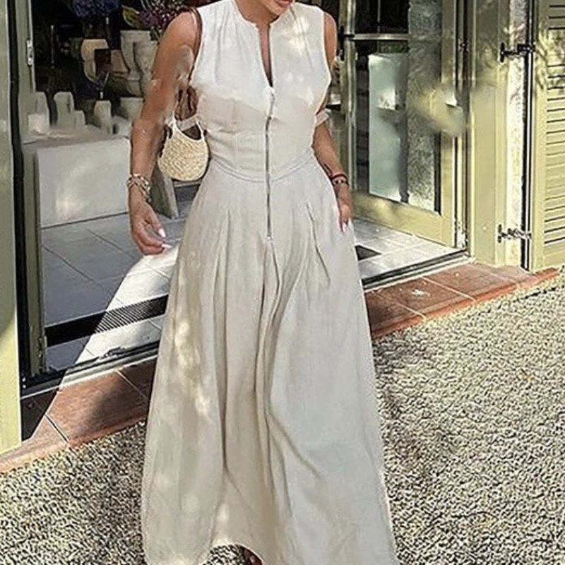 

Zipper Long Dress Woman Pleated Sleeveless Bodycon Dress Summer Elegant Party Dresses for Women 2025 Fashion New Midi Dresses