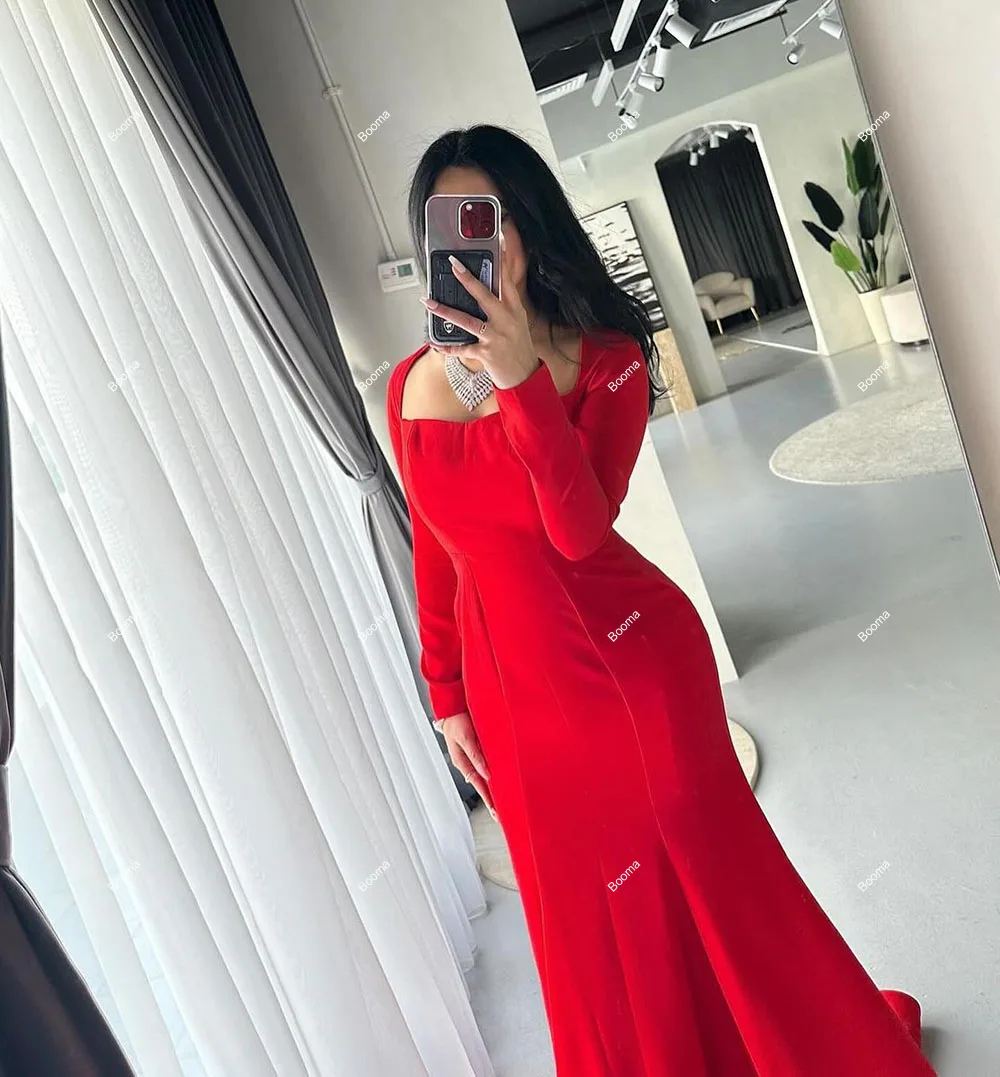 Booma Red Elegant Mermaid Evening Dresses Long Sleeves Prom Gowns for Women Saudi Arabic Formal Occasion Dress Party Gown Dubai