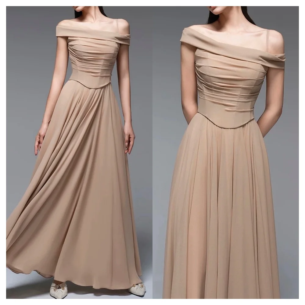 customizedCustomized Simple Chiffon Evening Dress Modern Square Collar Off the Shoulder Sleeveless Party Dress Temperament Celeb