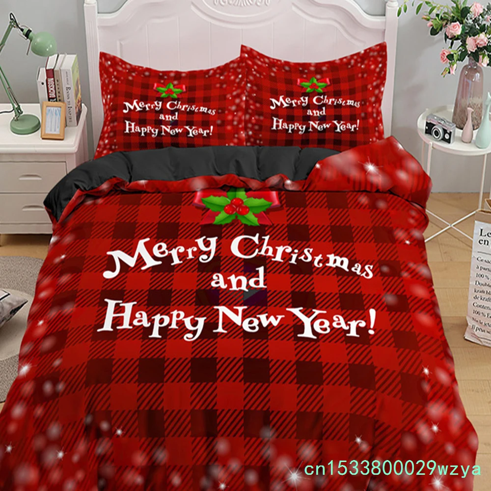 Merry Christmas Duvet Cover King For Boys Girls Microfiber Santa Claus Cute Deer Cartoon Animals Red Plaid 3D Print Bedding Set