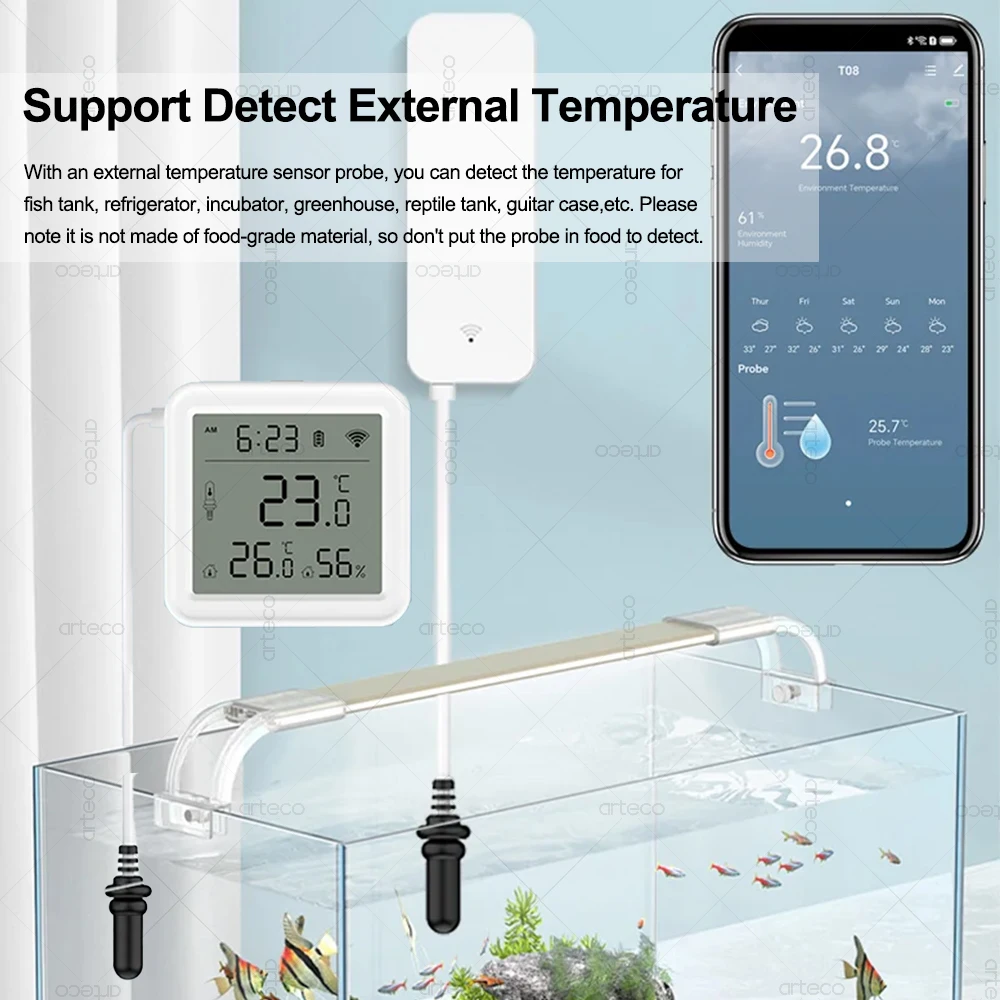Tuya WiFi Temperature Humidity Sensor with External Probe Wireless Thermometer App Monitoring for Refrigerator,Fish Tank, Winery