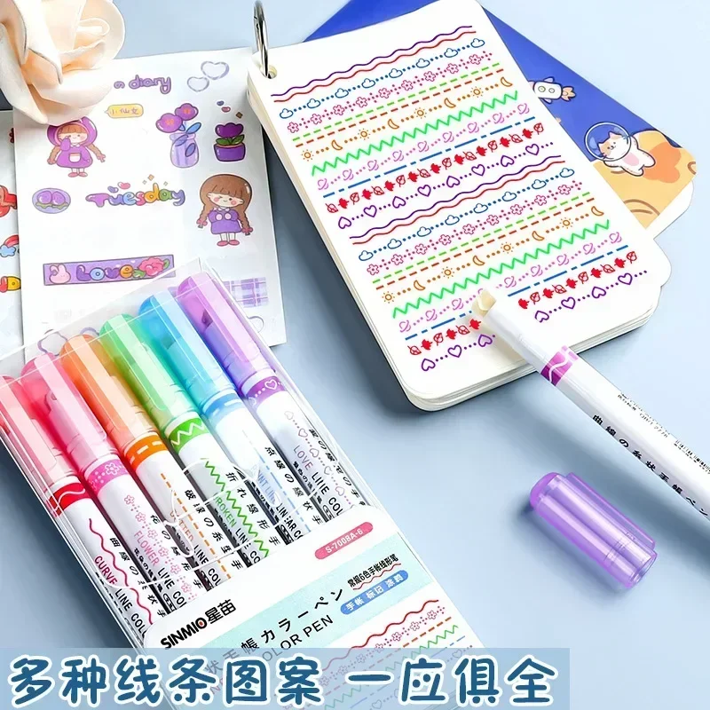 3/6/8pcs Flowers Line Shaped Highlighter Pens Roller Tip Curve Liner Marker Pens Kawaii Stationery School Office Supplies