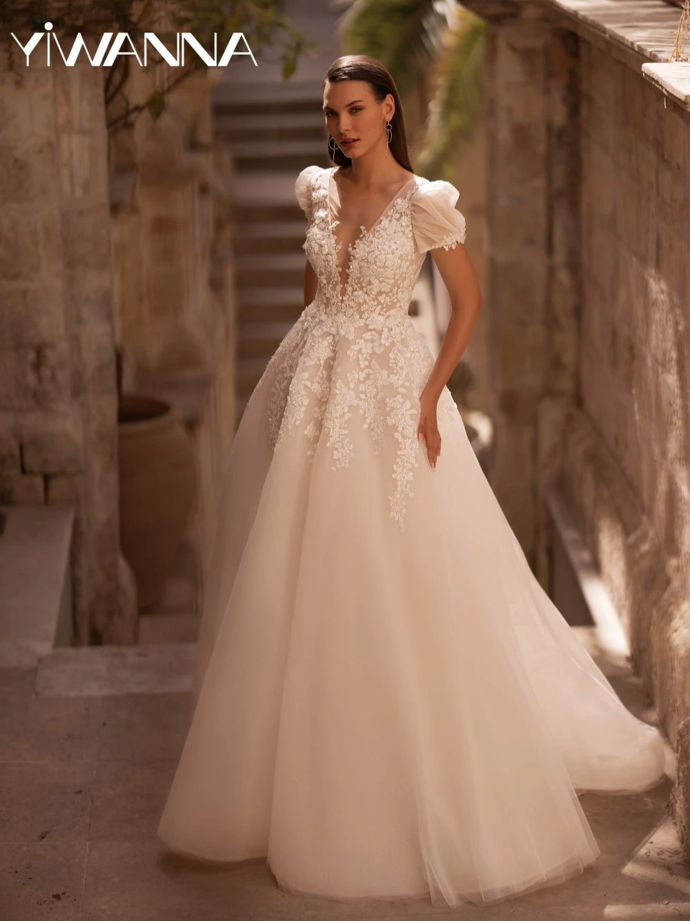 

Sparkling Beaded Puff Sleeve Wedding Dress V-neck Lace Appliques Bridal Gown 2026 New Customized A-line Long Dresses For Bride