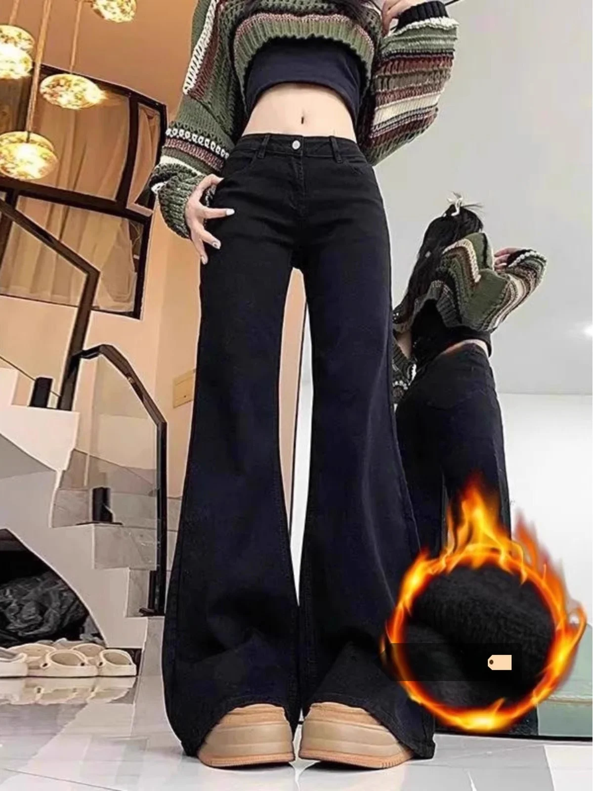 

Американские расклешенные джинсовые брюки с заниженной талией, облегающие брюки длиной до пола на подкладке, осеннее новое поступление