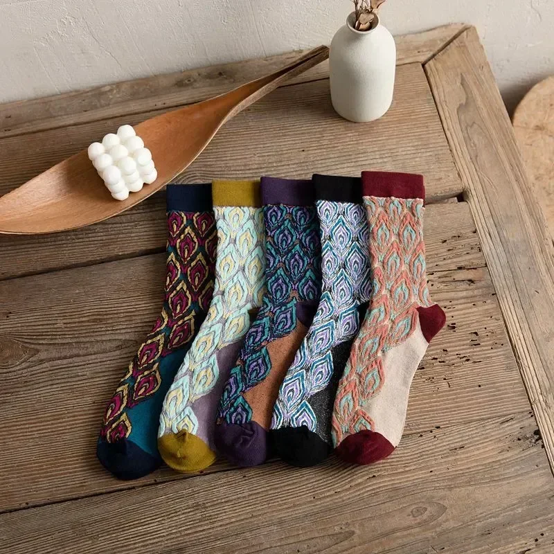 Style Femme Chaussette Retor Socks 5pairs/set Luxury Women Peacock Harajuku Long Soken Pattern Qisin Winter Autumn