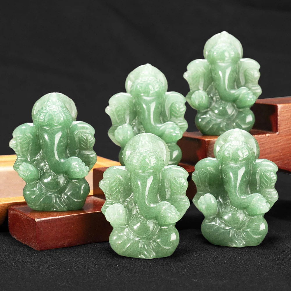 

2" Ganesha Statue Buddha Elephant Hindu God Sculpture Figurines Natural Stone Healing Crystal Green Aventurine Home Garden Decor