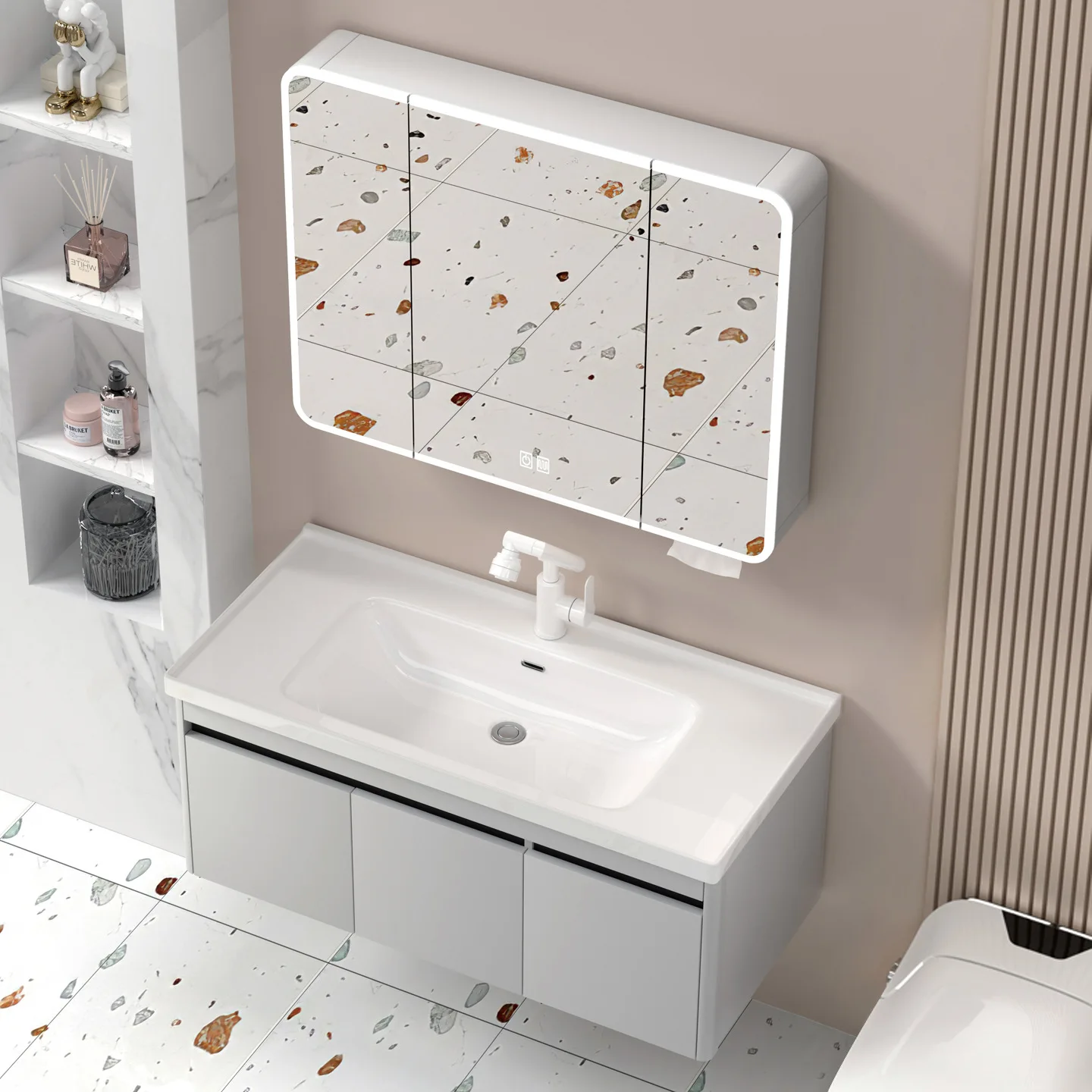 Mueble de baño de aluminio con forma de panal, lavabo integrado de cerámica, lavabo impermeable y a prueba de humedad, color crema