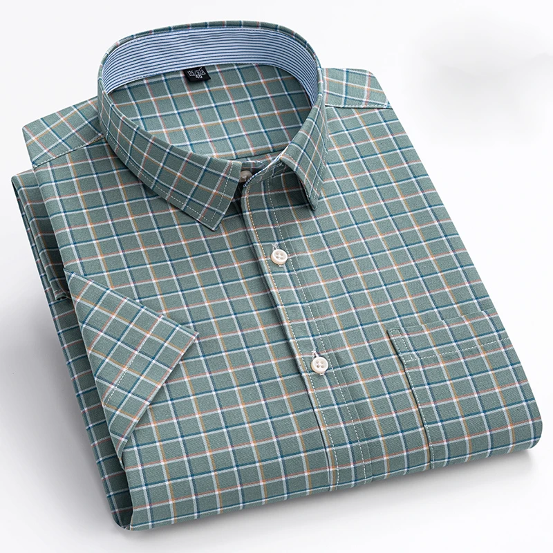 2024 New Men's 100% Cotton Short sleeved Shirt  Single Chest Pocket Work Casual Standard-fit Plaid Striped Oxford Shirts 100KG