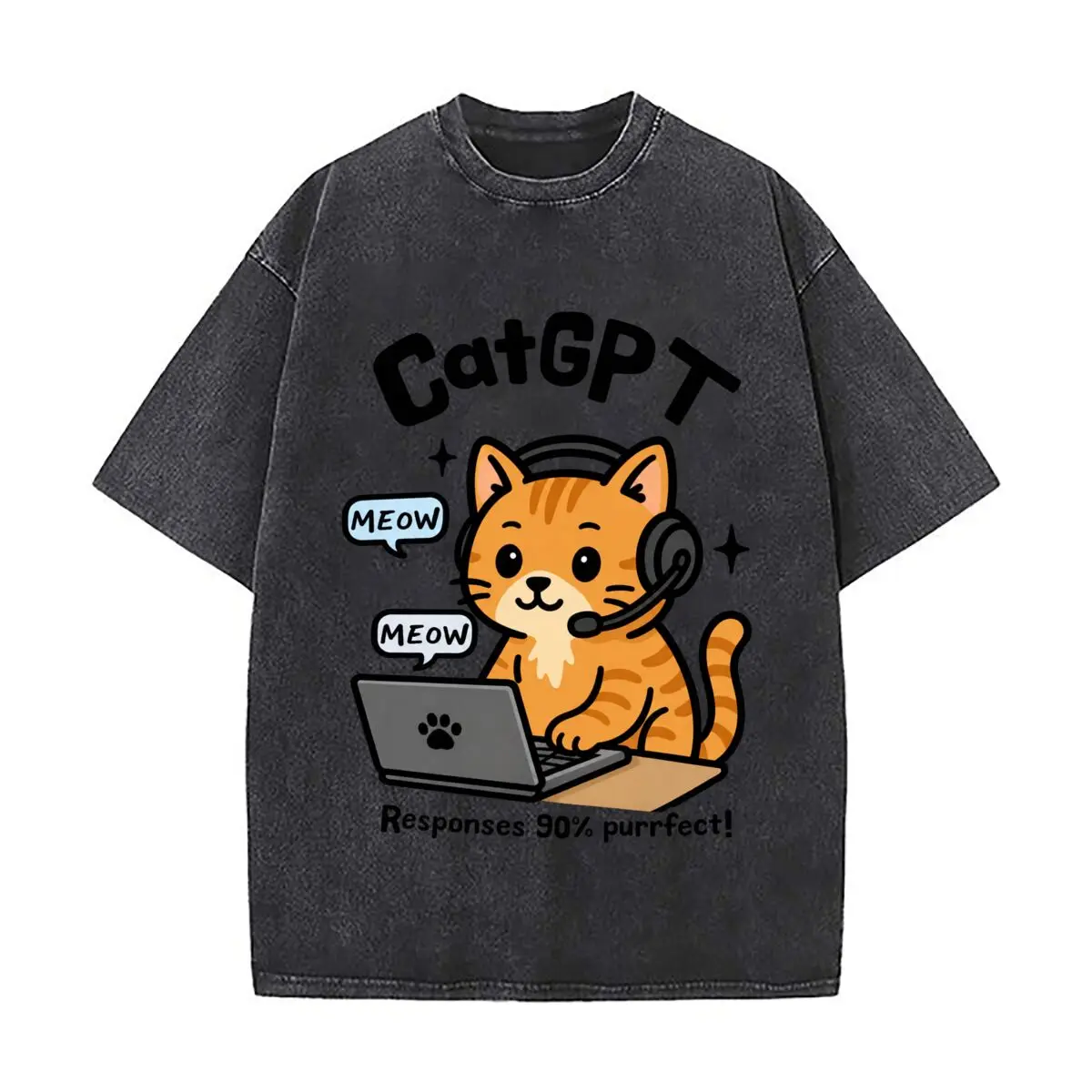 Catgpt Funny Cat Meme Meow Responses 90 Purrfect Laptop Kawaii Graphic Washed Short Sleeve Loose Streetwear Tee Hip Hop