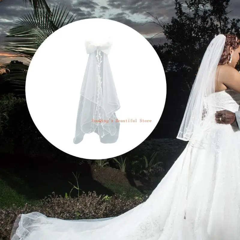 N0HE حجاب ذو طبقات من الدانتيل حجاب طويل للعروس مع فيونكة شفافة لحفلات الزفاف من التول الأبيض #1