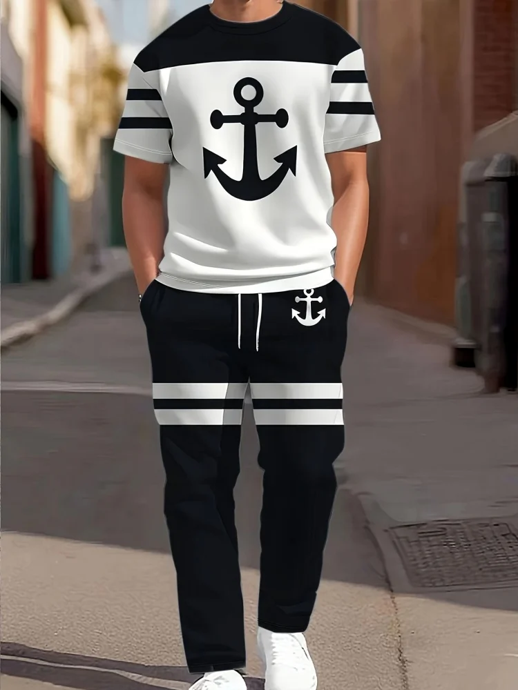 3D Navy Anchor Pattern Men's Set Summer Crew Neck Short Sleeve Shirt With Casual Trousers Two-Piece Set Casual Men's Set