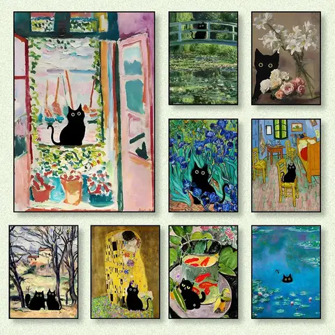 Gatto nero famoso dipinto astratto Van Gogh Monet impressionista Wall Art Poster Water Lily Canvas Oil painting Print Home Decor