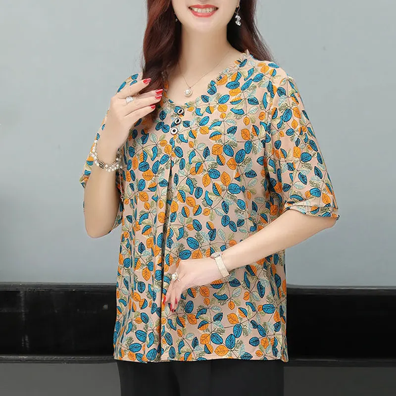 

Women's Clothing Round Neck Button Shirt Vintage Floral Printed Summer Half Sleeve Elegant Folds Commute Daily Loose Blouse 2024