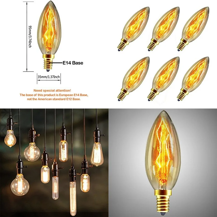 

40 Watt E14 Base Edison Chandelier Light Bulbs 6 Pack,C35 Vintage Antique Bulbs Dimmable Amber Glass, Warm White 2300k, for Can