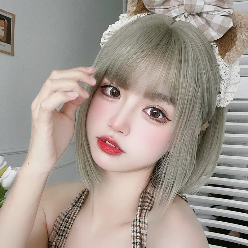 7JHH WIGS Short Straight Beige Wig for Women Synthetic Heat-Resistant Modest Fashion Wear and Go Bob Wigs with Neat Bangs - view 3