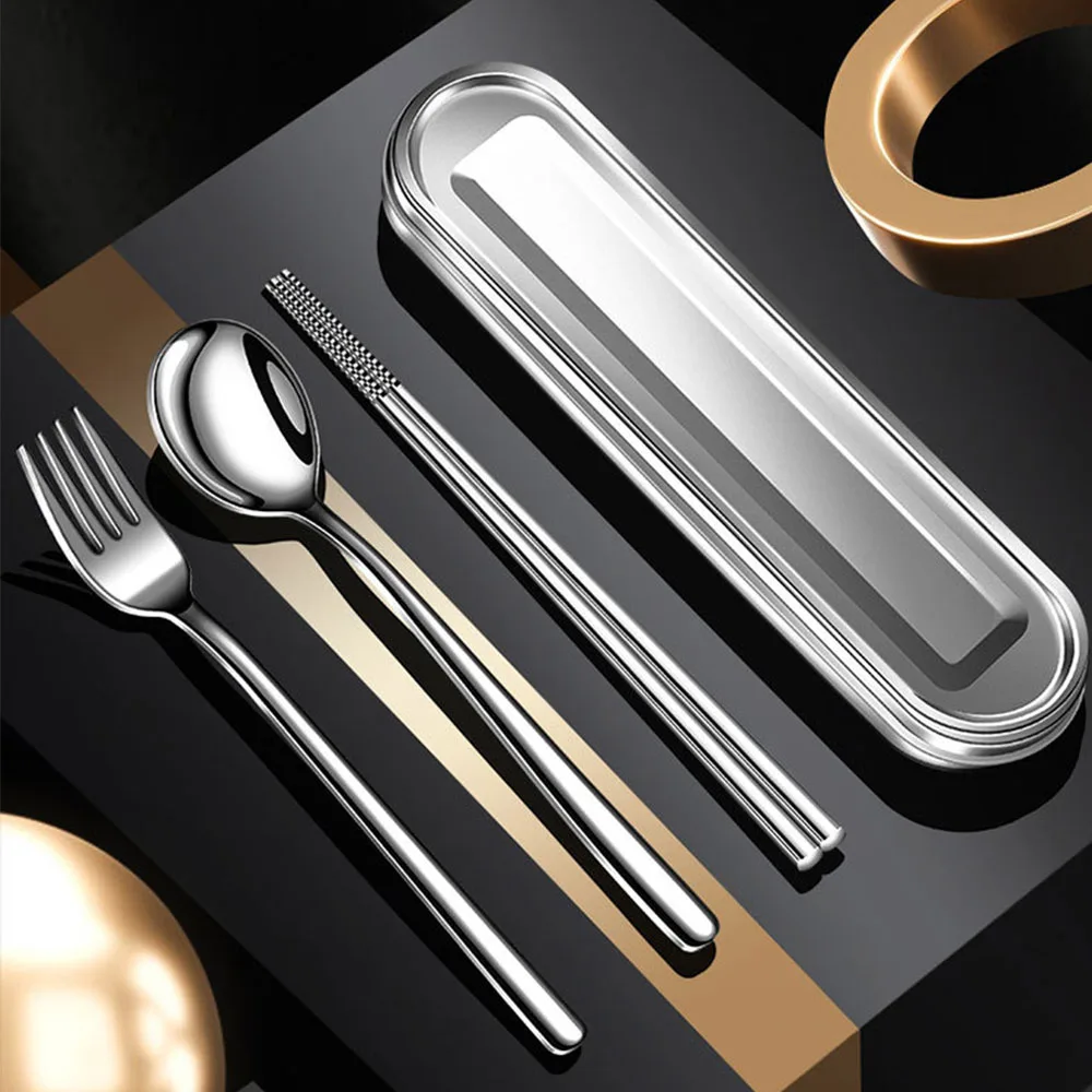 

Портативная коробка для посуды из нержавеющей стали, офисный работник, студенты, палочки для еды, ложки, вилки, комплект из 3 предметов, посуда для кемпинга на открытом воздухе