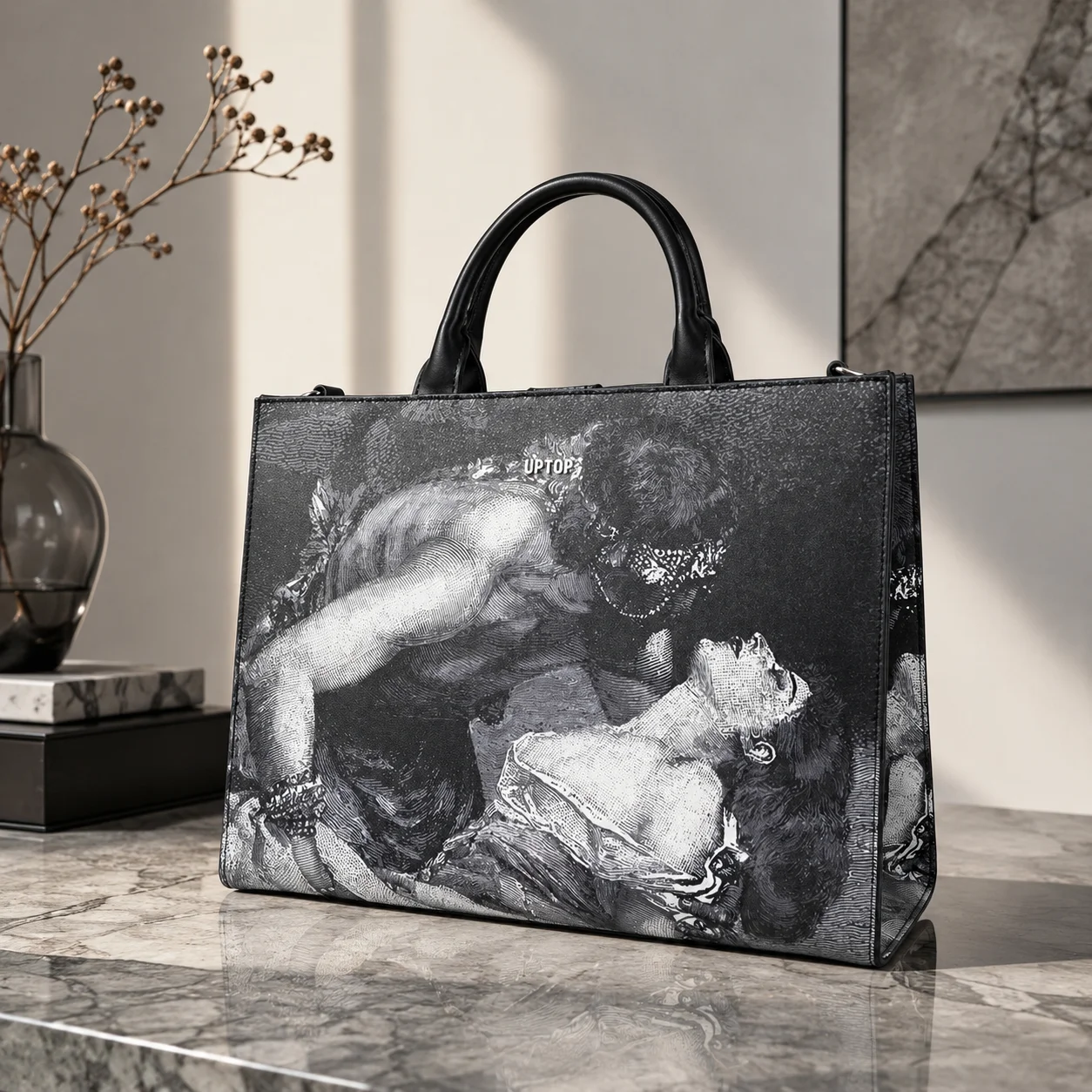 Vintage Figure Art Print PU Leather Tote Bag Women Top Handle Crossbody Shoulder Bag Large Capacity Handbag for Work Daily Use