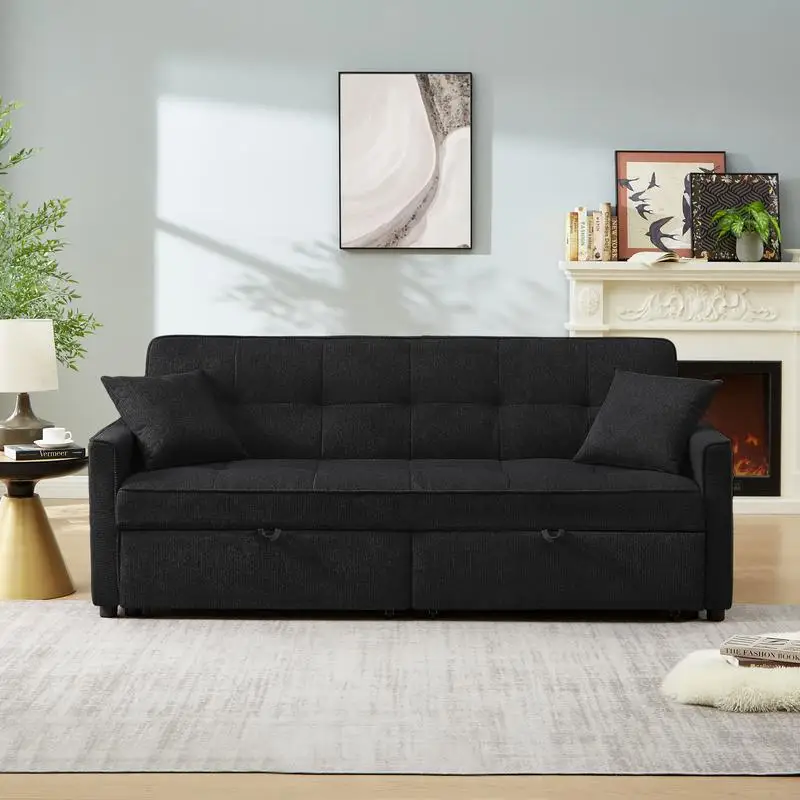 Convertible Sleeper Sofa Bed, Modern Fabric Loveseat Futon Couch with Pullout Bed, Small Reclining Love Seat, Accent Pillows,