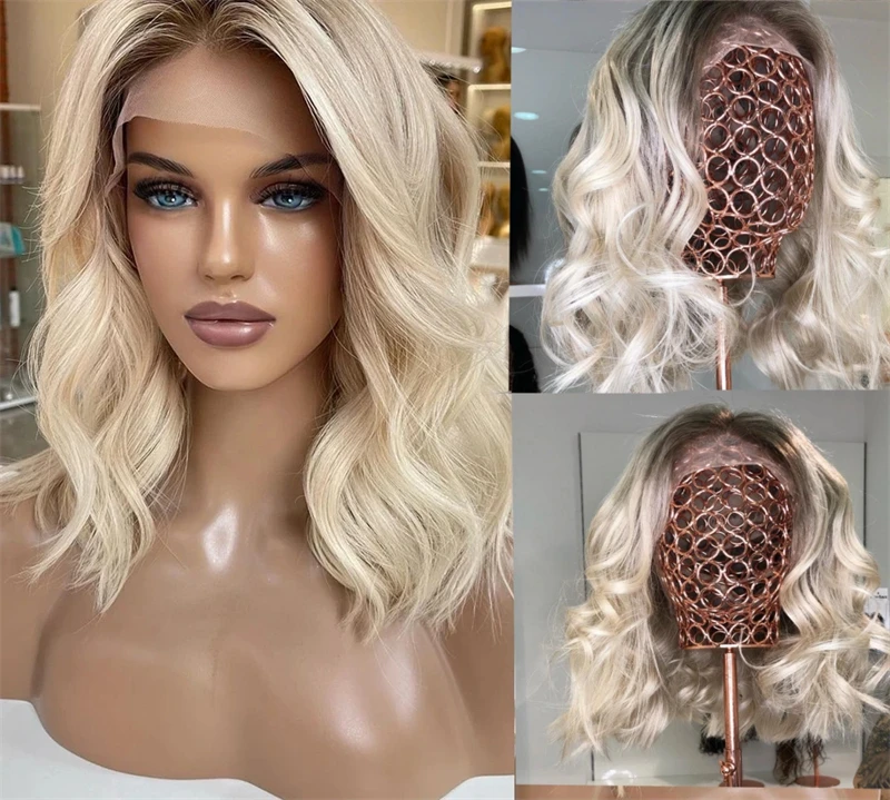 Perruque de cheveux humains blonds ombrés pour femmes, vague de corps, dentelle transparente HD, remy brésilien, cheveux courts, pré-plumé