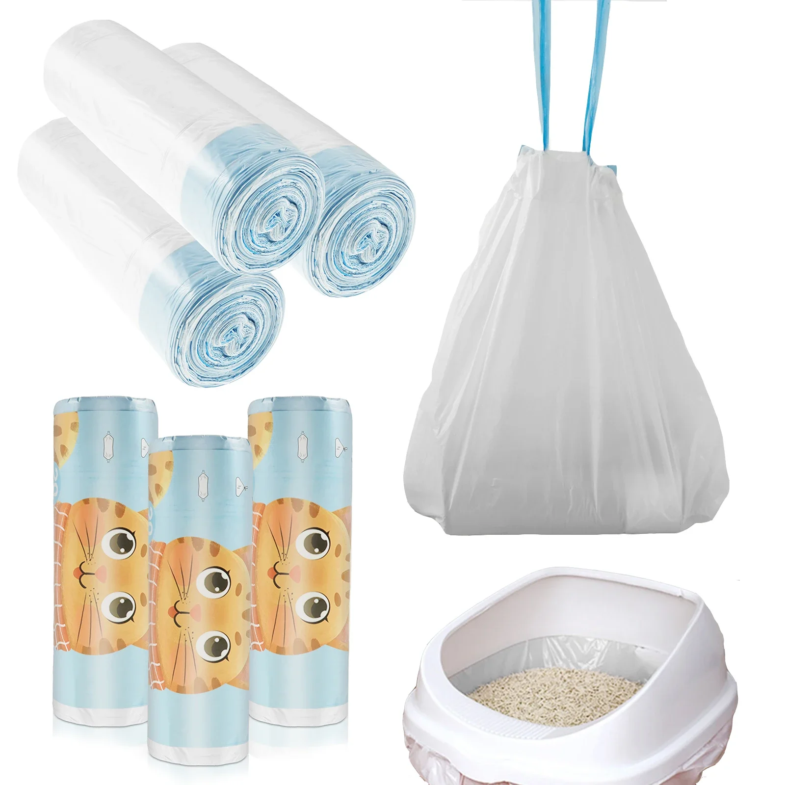 

3 Rolls Cat Poop Bags Litter Box Extra Thick Large Drawstring Closure Heavy Duty Tear Resistant Pet Litter Box Clean Bags