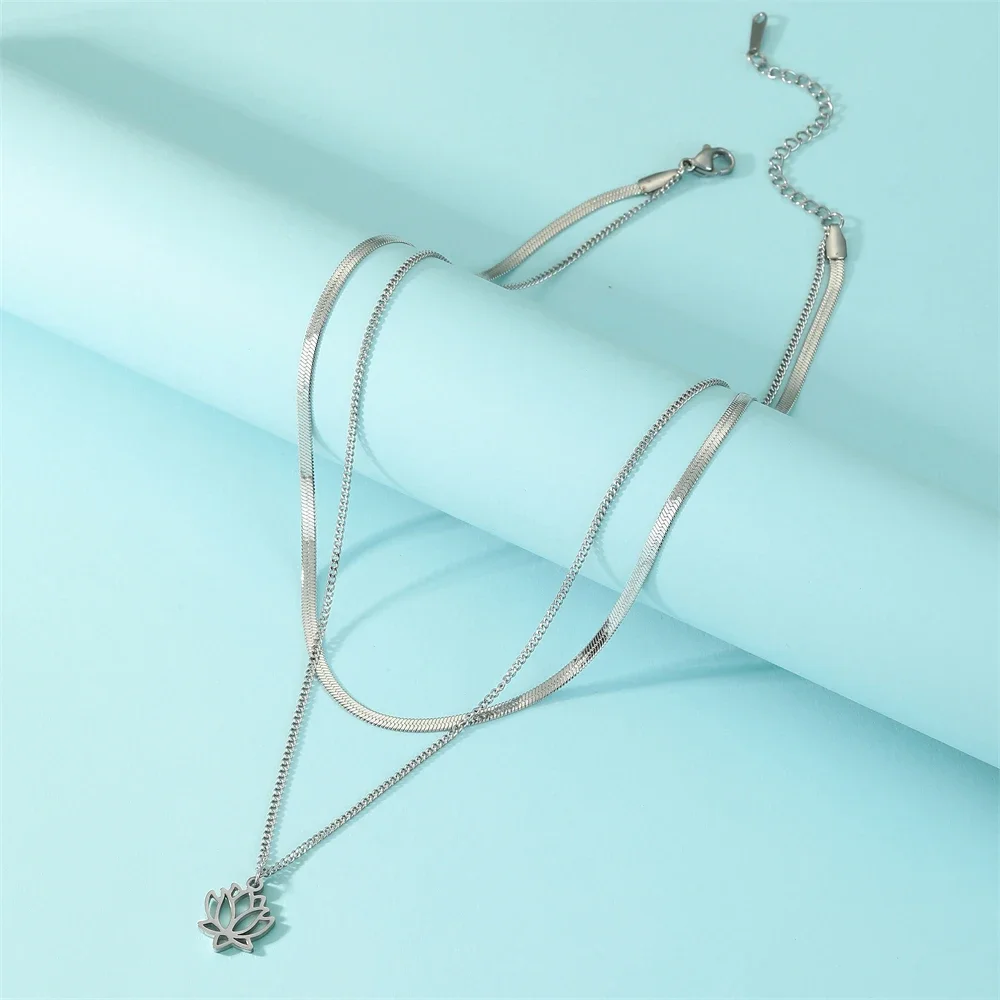 Skyrim Lotus Flower Pendant Necklace Stainless Steel Double Layer Clavicle Snake Chain Yoga Chakra Buddhism Jewelry for Women